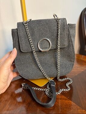 Gray Wool Chain-Handle Crossbody Bag with Silver Ring Accent